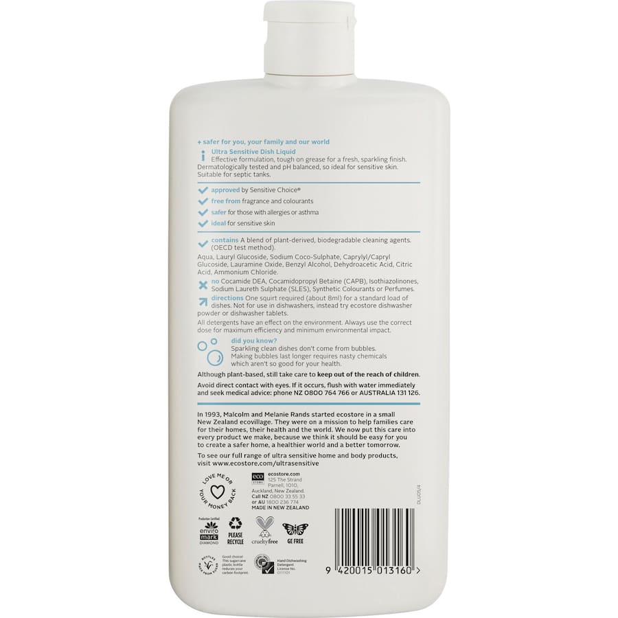 Ecostore Fragrance Free Dishwash Liquid in a sustainable bottle, gentle on skin, tough on grease, 100% plant-based formula.