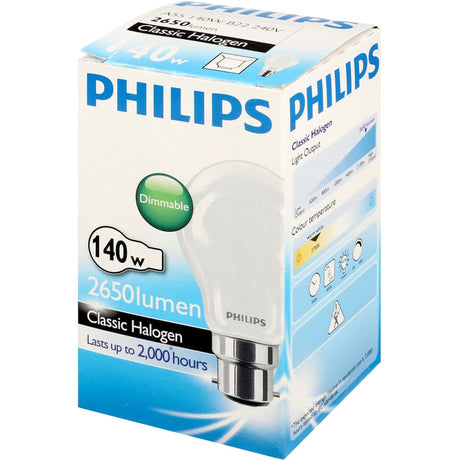 Philips Eco Classic Bayonet Light Bulb 140W B22 A55 providing bright, dimmable halogen light with double the lifespan of standard bulbs.