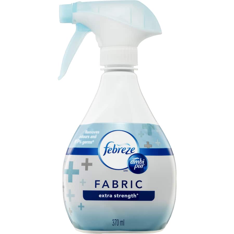 Febreze Fabric Freshener Extra Strength canister, designed to eliminate tough odors and refresh fabrics with advanced OdourClear technology.