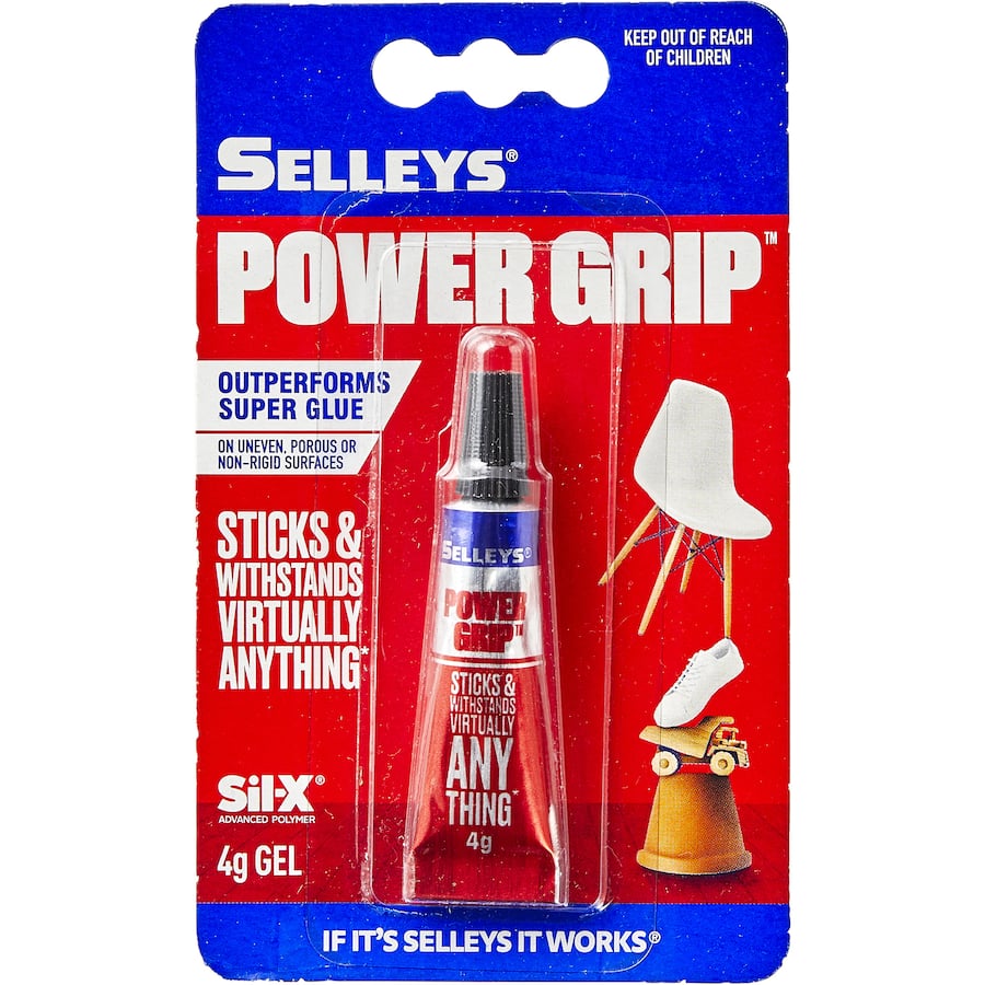 Strong adhesive Selleys Power Grip, ideal for bonding metal, wood, glass, and ceramics with a crystal-clear finish.