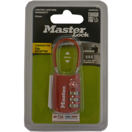 Master Lock TSA Combo Cable luggage lock in vibrant colors, designed for security and ease during travel.