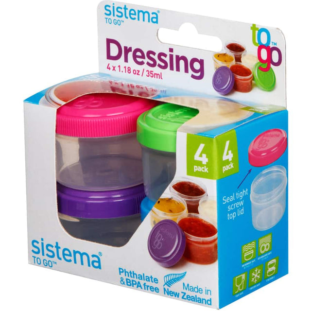 Sistema To Go Salad Dressing Pot in assorted colors, featuring a secure screw top lid for mess-free transport of dressings.