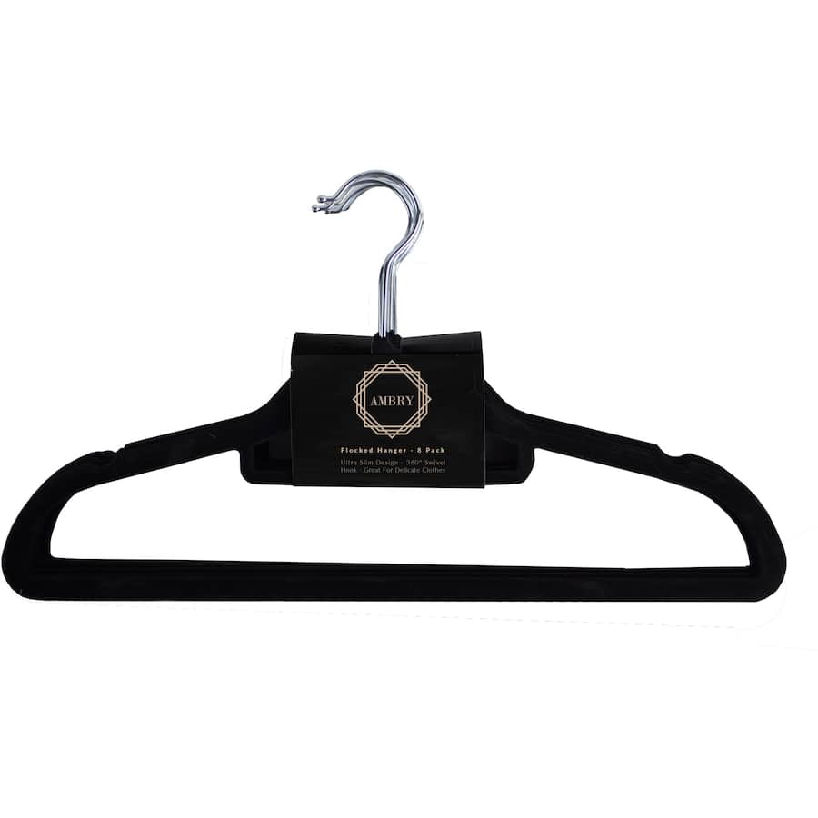 Stylish Ambry Flocked Coat Hangers with non-slip velvet finish and 360-degree swivel hook for organized, wrinkle-free clothes.