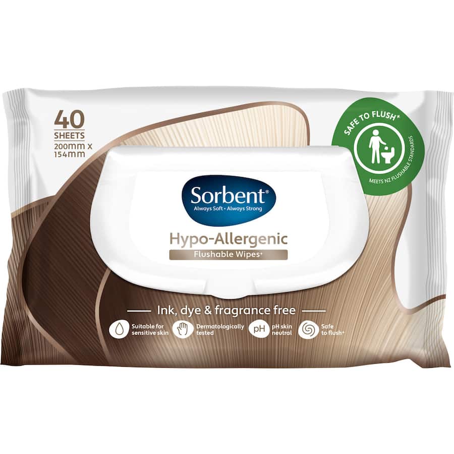 Sorbent Toilet Wipes: 40 hypo-allergenic, flushable wipes in a resealable pack, pH neutral, ink-free, perfect for sensitive skin.