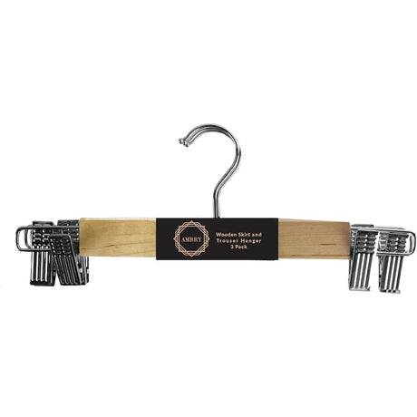 Elegant wooden skirt and trouser hangers with 360° swivel hooks and adjustable grips for secure, wrinkle-free storage.