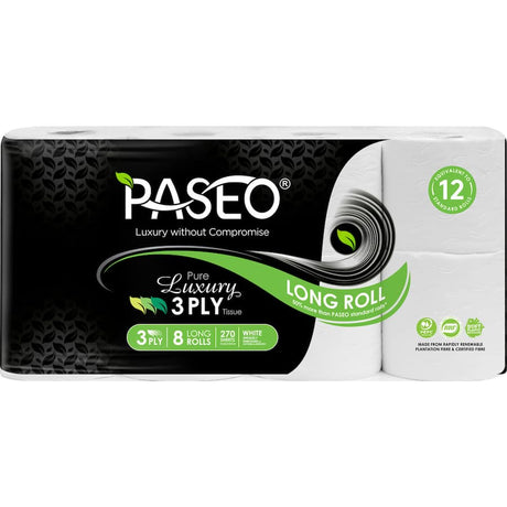 Paseo Luxury Toilet Paper 8pk features velvety 3-ply rolls, 50% longer than standard, eco-friendly, soft, and strong.