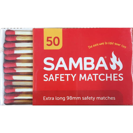 Extra-long 90mm Samba Matches for safe and instant lighting of fires, barbecues, and gas appliances, made from high-quality materials.
