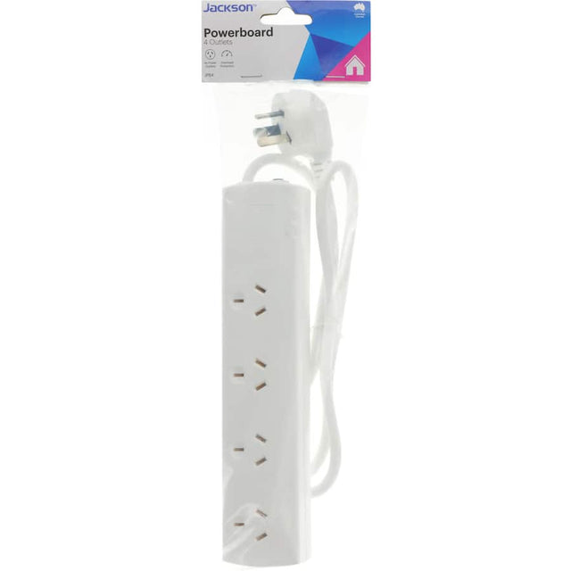 Jackson 4-way powerboard featuring overload protection for safe and convenient power distribution.
