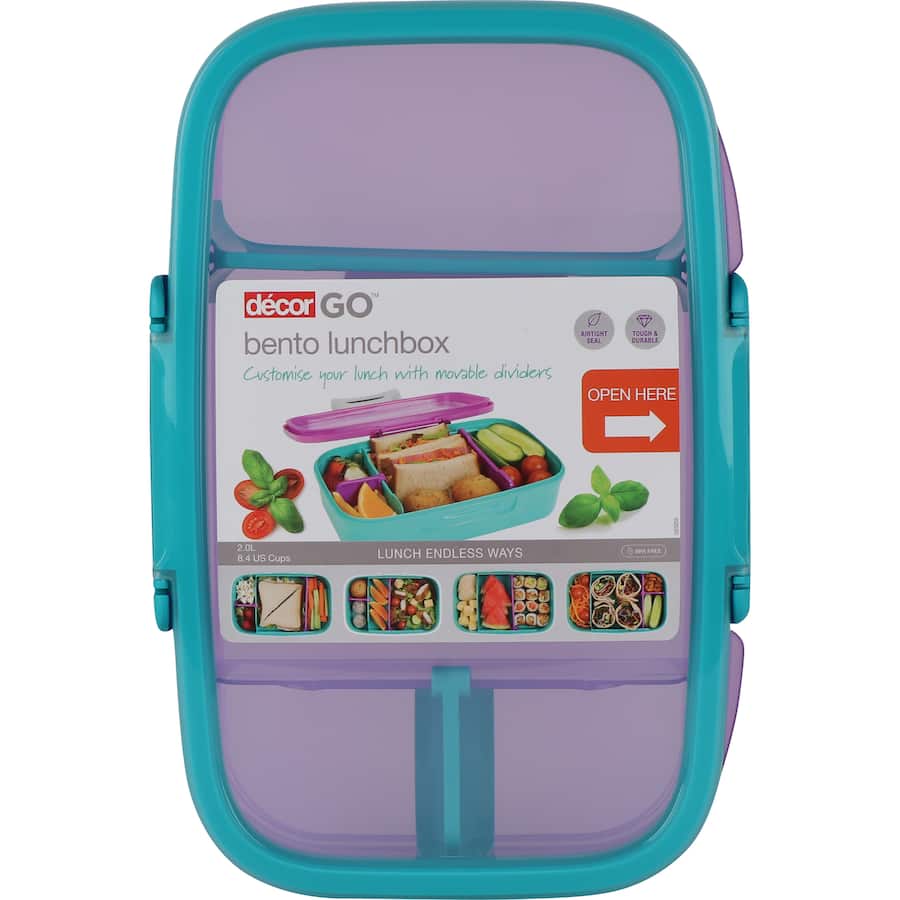 Versatile Decor Go Lunch Box Bento with airtight seal, removable lid, and two snack compartments for fresh meals on the go.