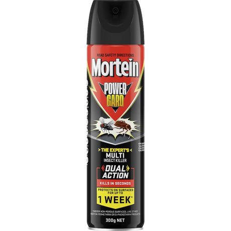 Mortein Powerguard Multi Insect Killer spray, effectively eliminating various insects like cockroaches, flies, and mosquitoes quickly.