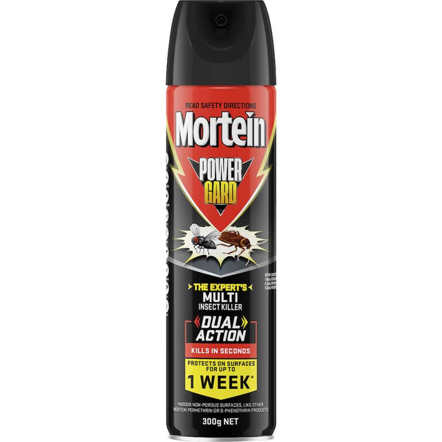 Mortein Powerguard Multi Insect Killer spray, effectively eliminating various insects like cockroaches, flies, and mosquitoes quickly.