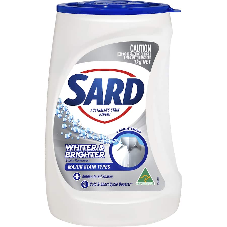Sard Whitening Stain Remover Powder with Oxi-Plus formula, revitalizing whites and tackling tough stains for vibrant laundry.
