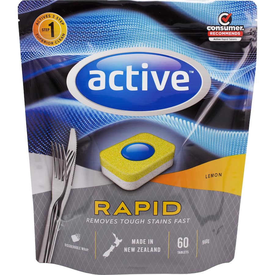 Active Dishwasher Tablets Rapid Lemon: sparkling clean dishes with rapid dissolving, lemon scent, and grease-fighting formula.