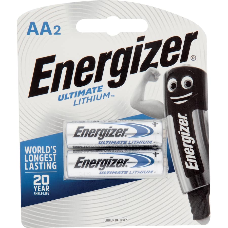 Energizer AA Lithium Batteries for high-drain devices, leak-proof, extreme temperature performance, 20-year shelf life.