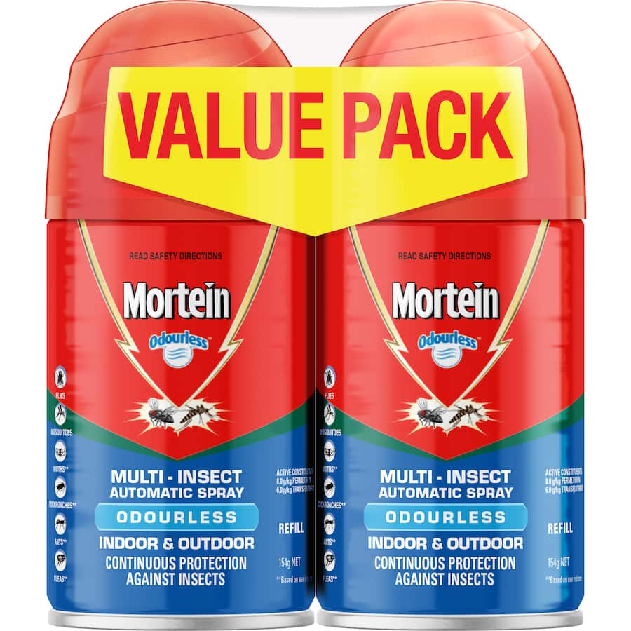Mortein 308g automatic spray refill for indoor insect control, featuring odourless formula and 30-day protection.