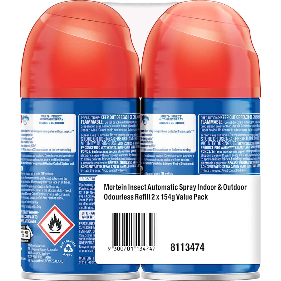 Mortein 308g odourless automatic spray refill for indoor and outdoor insect protection, ensuring continuous pest control.