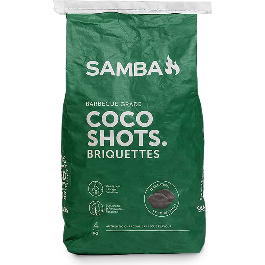 Samba Charcoal Coconut briquettes in eco-friendly packaging, made from sustainable coconut shells for high-performance grilling.