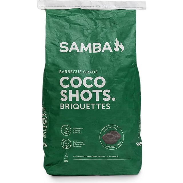 Samba Charcoal Coconut briquettes in eco-friendly packaging, made from sustainable coconut shells for high-performance grilling.