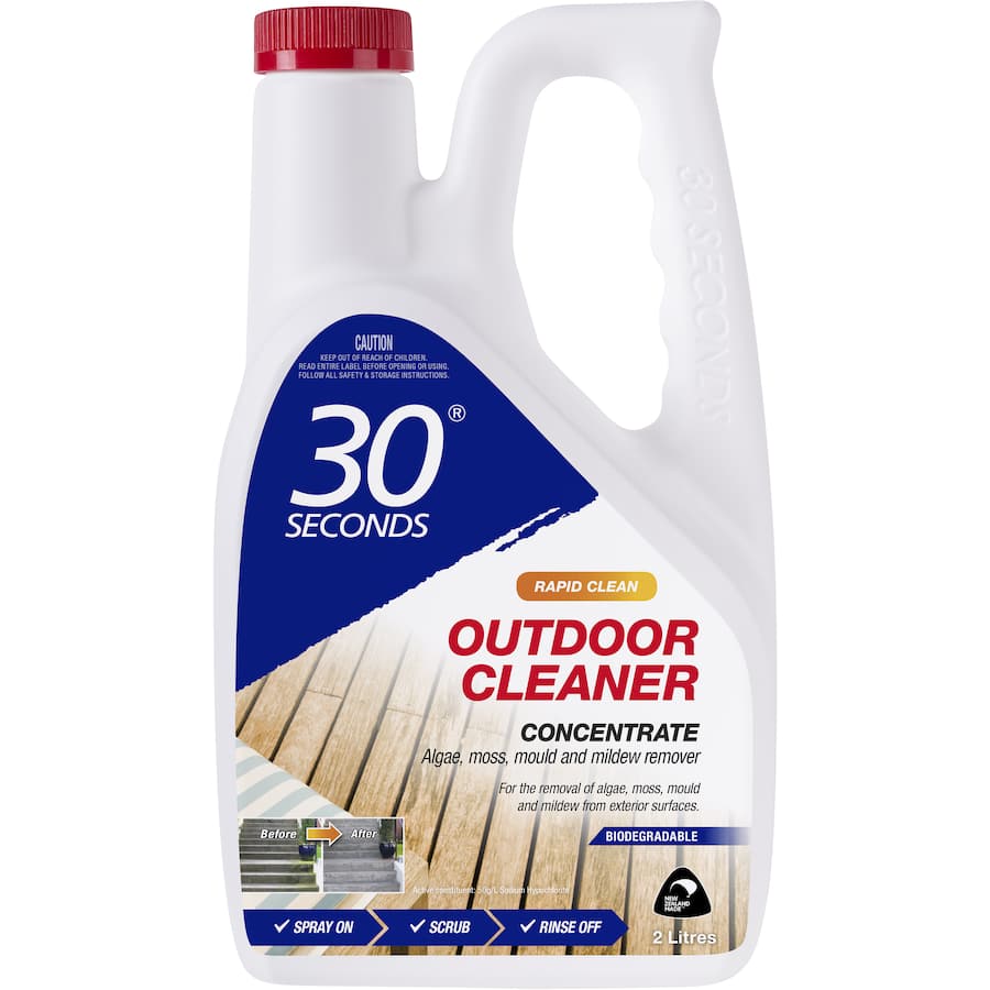 Powerful outdoor cleaner brightens patios, driveways, and decks by removing mold, mildew, and algae effortlessly.