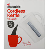 Essentials Kettle Plastic, a stylish 1.7L cordless kettle with 1850-2200W, water level indicator, and safety features.