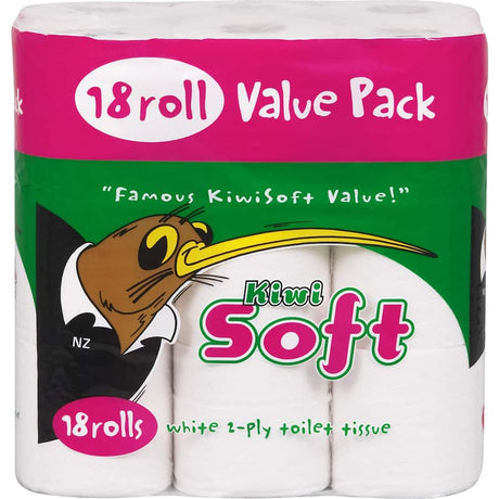 Ultra-soft, absorbent Kiwi Soft Toilet Paper 18-pack in white, eco-friendly for a gentle bathroom experience.