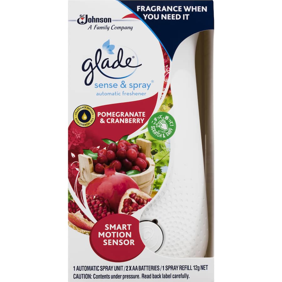 Glade Sense & Spray in pomegranate & cranberry, featuring motion sensor for automatic fragrance bursts and a sleek design.