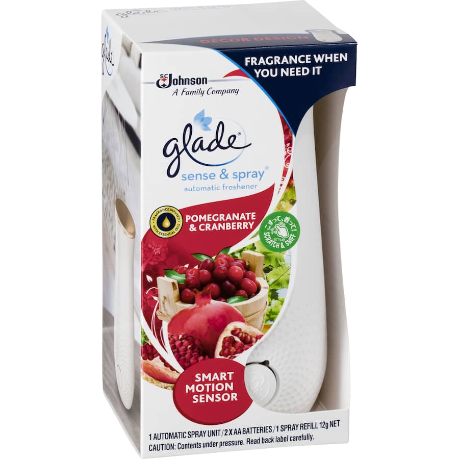 Glade Sense & Spray system in pomegranate & cranberry, featuring motion sensor for automatic fragrance bursts.