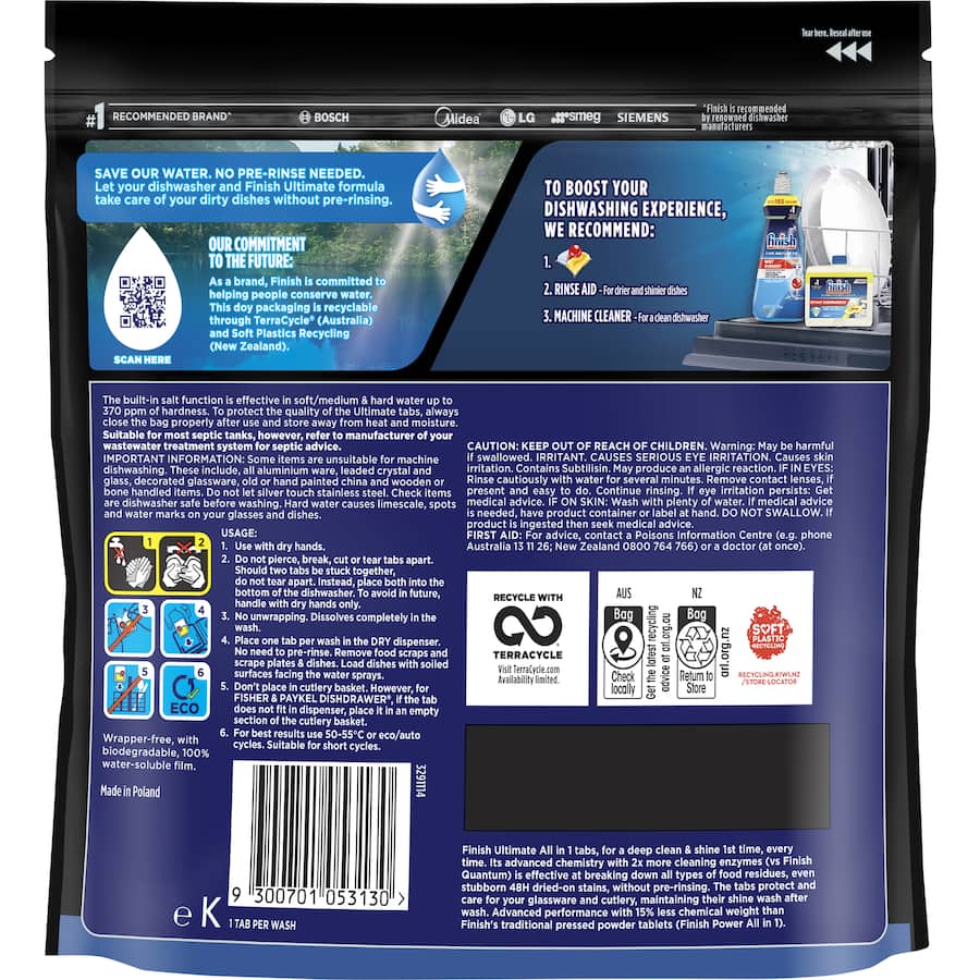 Lemon-scented Finish Dishwasher Tablets Ultimate Pro for powerful, eco-friendly cleaning and shine without pre-rinsing.
