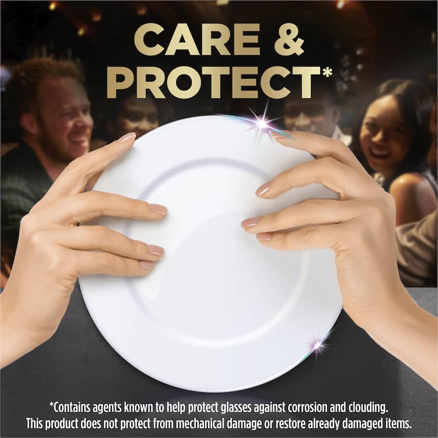 Finish Dishwasher Tablets Ultimate Pro Lemon in biodegradable film, powerfully cleans dishes with refreshing lemon scent.