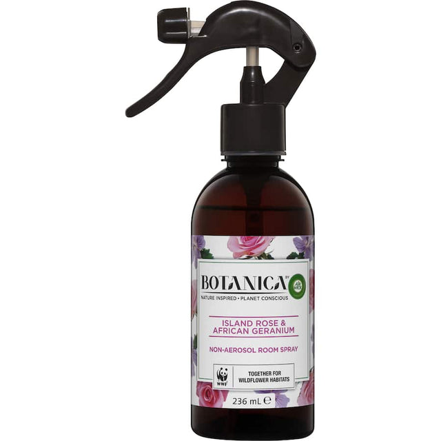 Air Wick Botanica Room Spray showcasing Island Rose & African Geranium for a refreshing, nature-inspired scent.
