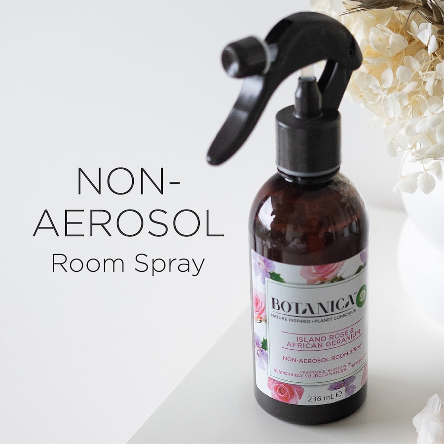 Air Wick Botanica room spray featuring Island Rose & African Geranium, promoting a natural, fragrant, and eco-friendly home.