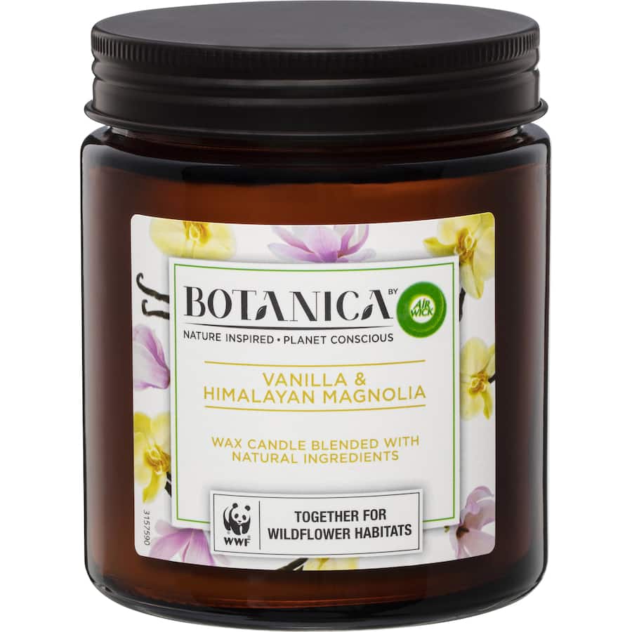 Air Wick Botanica scented candle featuring a blend of vanilla and Himalayan magnolia, designed for a sustainable and inviting ambiance.