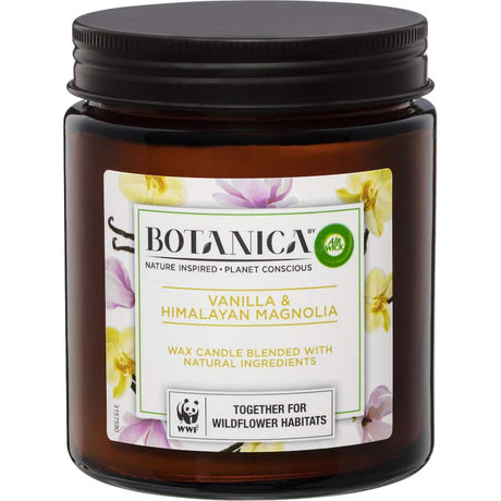 Air Wick Botanica scented candle featuring a blend of vanilla and Himalayan magnolia, designed for a sustainable and inviting ambiance.