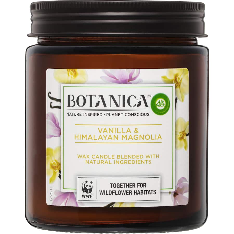 Air Wick Botanica candle featuring Vanilla & Himalaya Magnolia, infused with essential oils for a clean, long-lasting burn.