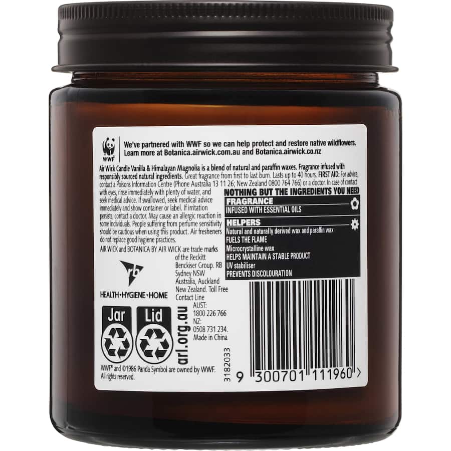 Air Wick Botanica Scented Candle in Vanilla & Himalaya Magnolia offers a soothing aroma with sustainable, natural ingredients.