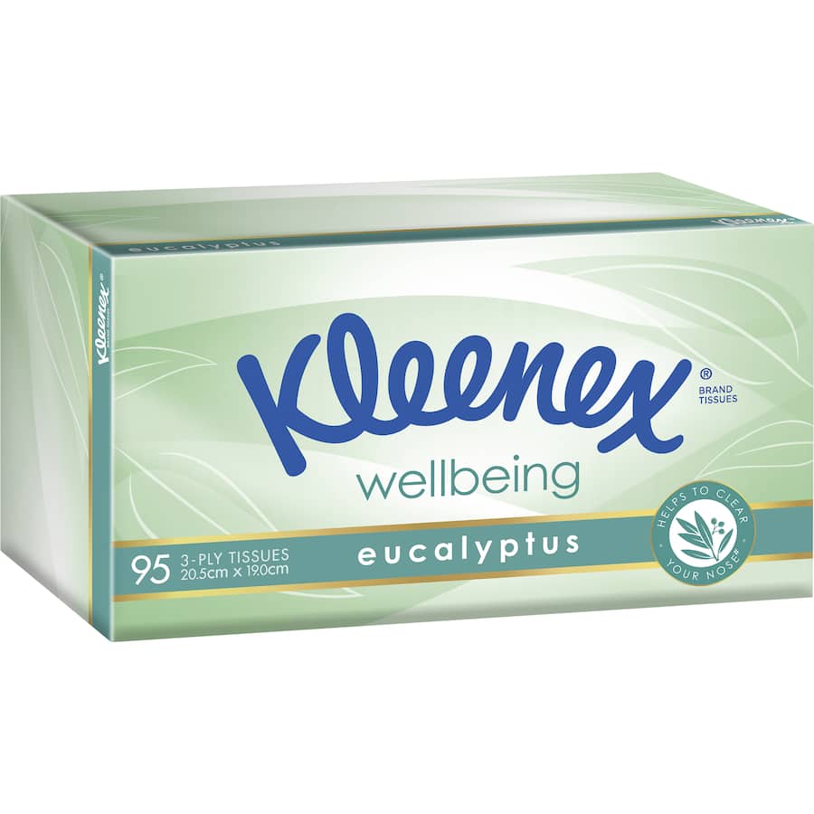 Kleenex Extra Care Tissues Eucalyptus, ultra-soft 3-ply tissues with eucalyptus for soothing relief and comfort for sensitive skin.