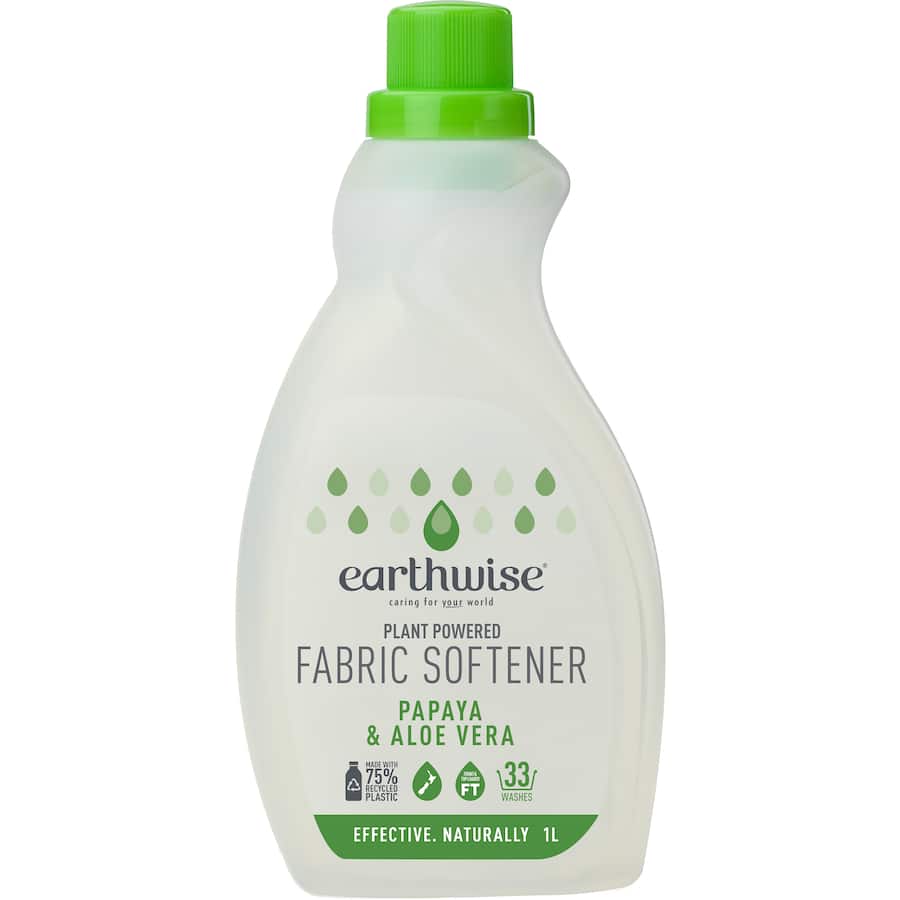 Eco-friendly Earthwise Fabric Softener with papaya & aloe vera for soft, fresh laundry; made in NZ with 75% recycled plastic.