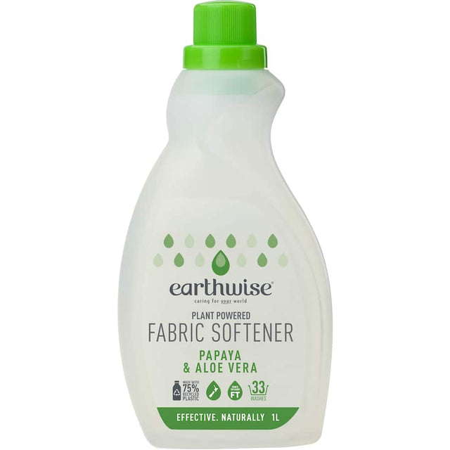 Eco-friendly Earthwise Fabric Softener with papaya & aloe vera for soft, fresh laundry; made in NZ with 75% recycled plastic.