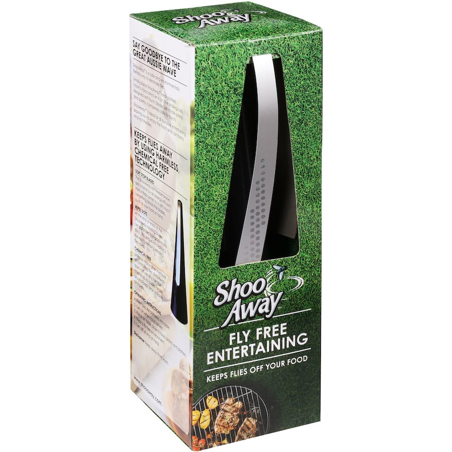 Sleek Shoo Away Fly Repellent, a chemical-free solution for outdoor dining, keeping flies away from food effortlessly.