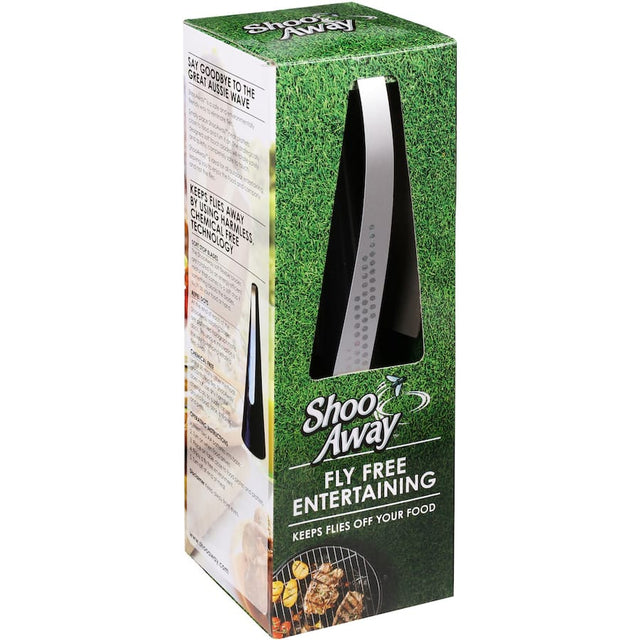 Sleek Shoo Away Fly Repellent, a chemical-free solution for outdoor dining, keeping flies away from food effortlessly.