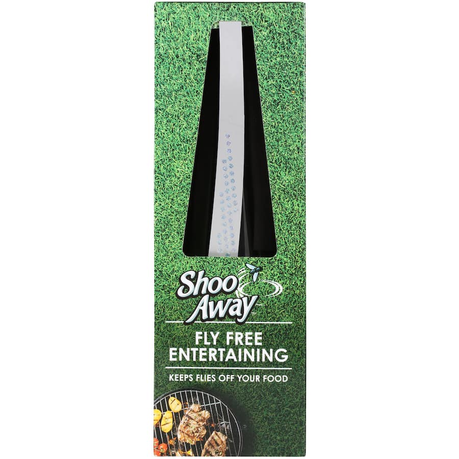 Chemical-free Shoo Away Fly Repellent, designed for outdoor entertaining, keeps pesky flies away from food.