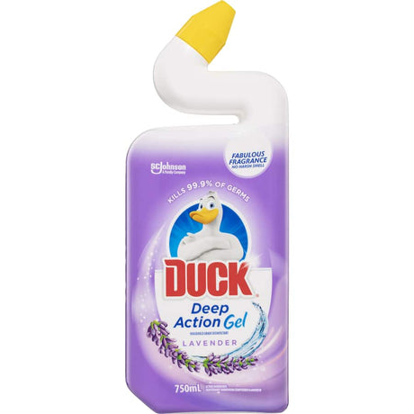 Duck Deep Action Toilet Cleaner Lavender Gel in a bottle, designed for precise toilet sanitization and long-lasting freshness.
