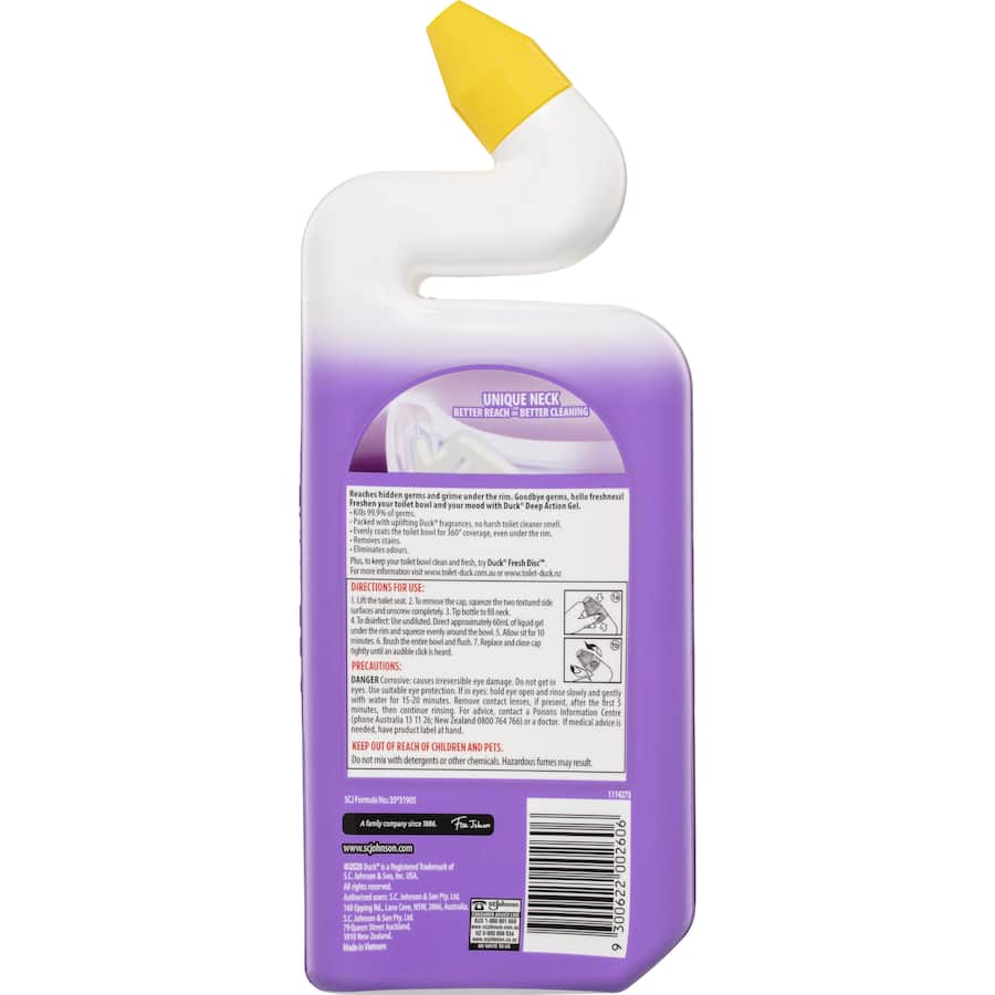 Duck Deep Action Toilet Cleaner Lavender Gel with a uniquely shaped neck for precise application and long-lasting lavender fragrance.