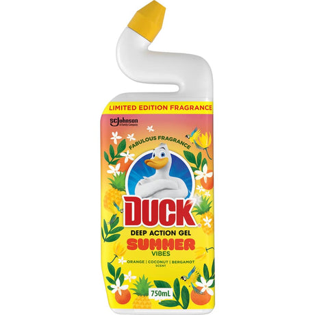 Limited edition Duck Deep Action Gel Toilet Cleaner with Summer Vibes scent, targeting 99.9% of germs for a fresh, deep clean.