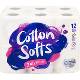 Luxurious Cotton Softs 3-ply toilet paper 12-pack, featuring cloud embossing for ultimate softness and eco-friendly certification.