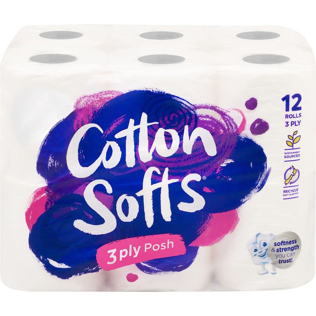 Luxurious Cotton Softs 3-ply toilet paper 12-pack, featuring cloud embossing for ultimate softness and eco-friendly certification.