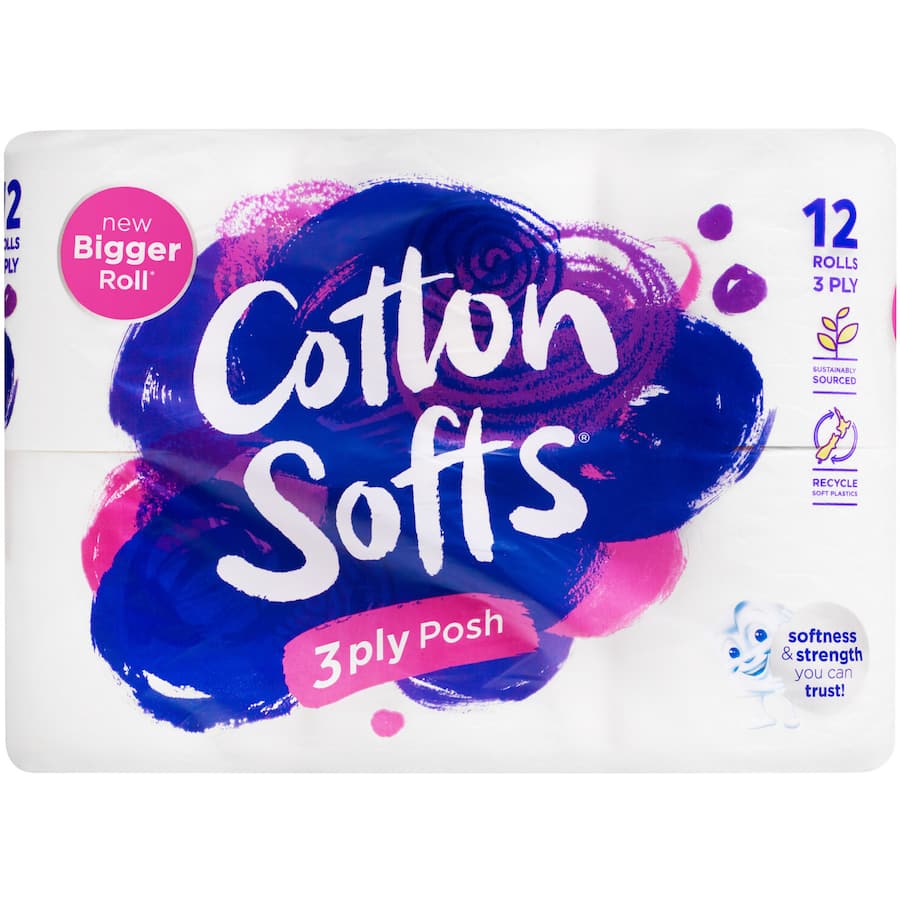 Luxuriously soft 3-ply toilet paper, featuring 'cloud' embossing and eco-friendly certification, perfect for comfort and sustainability.