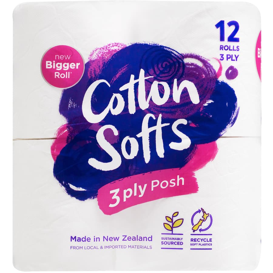 Cotton Softs 12pk 3 Ply Toilet Paper features plush, eco-friendly tissue with cloud embossing for ultimate softness and strength.