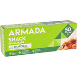 Resealable 50-pack snack bags, BPA-free, freezer and microwave safe, with color-changing sealed design for food storage.
