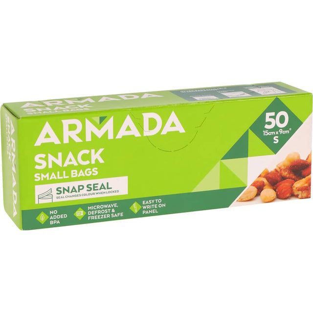Resealable 50-pack snack bags, BPA-free, freezer and microwave safe, with color-changing sealed design for food storage.